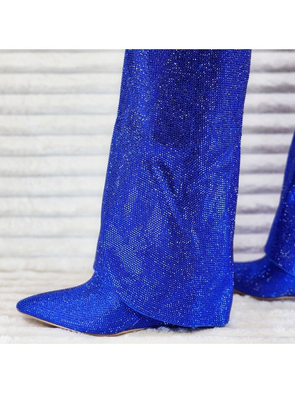 NIB Super Sparkle Sharky Skirted Fold Over Wedge Heel Knee Boots Royal Blue - Picture 3 of 15